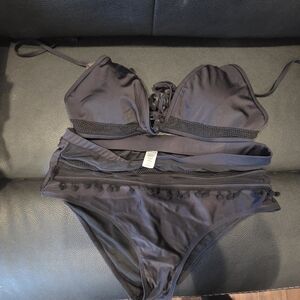 Women's Black Lace-Up Bikini Set with Pom Trim